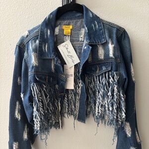 Frayed Cropped Dark Denim Jean Jacket